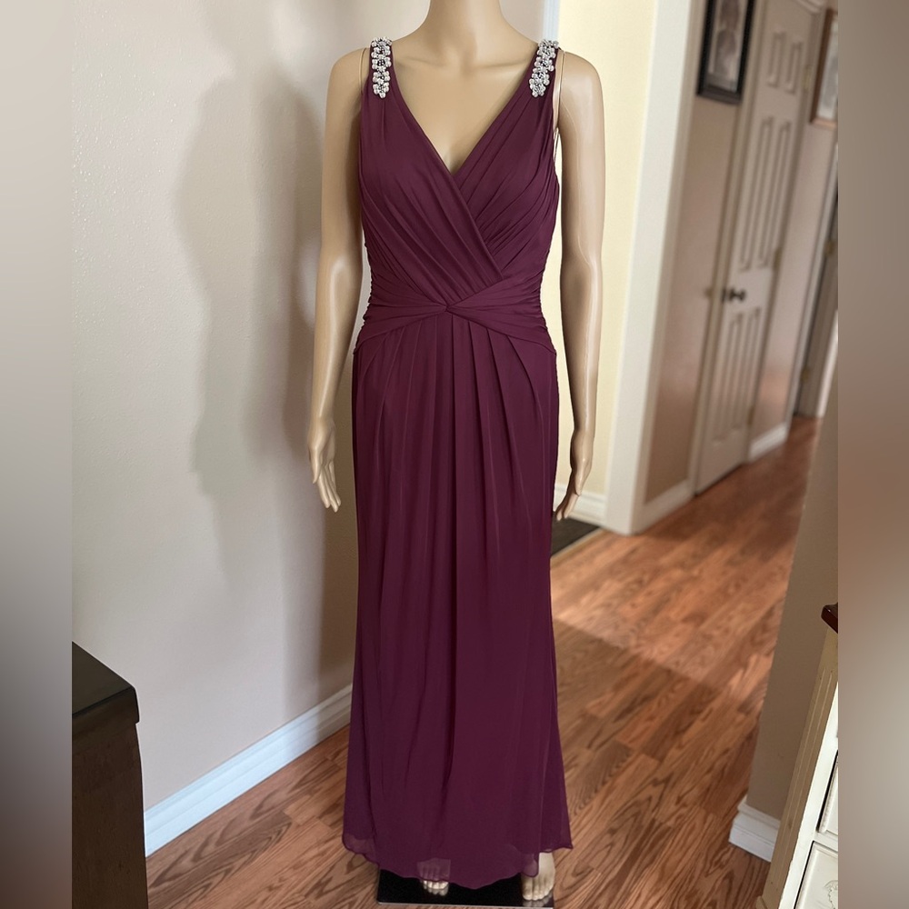 Burgundy Beaded Strap V-Neck Long Dress Style WBM1045 – Size 6